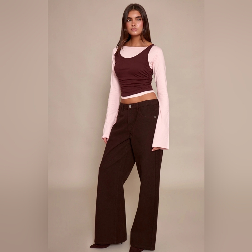 NWT PrettyLittleThing Chocolate Brown And Pink Overlay Detail Long Sleeve Top